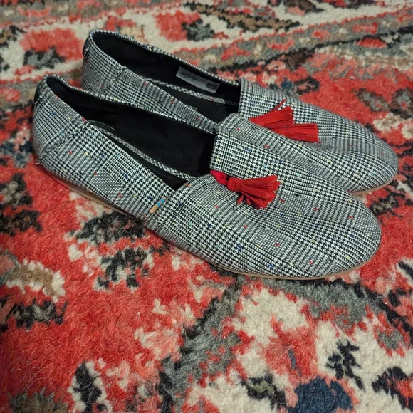 TOMS Women's Black and Red Plaid Loafers - Picture 2 of 3